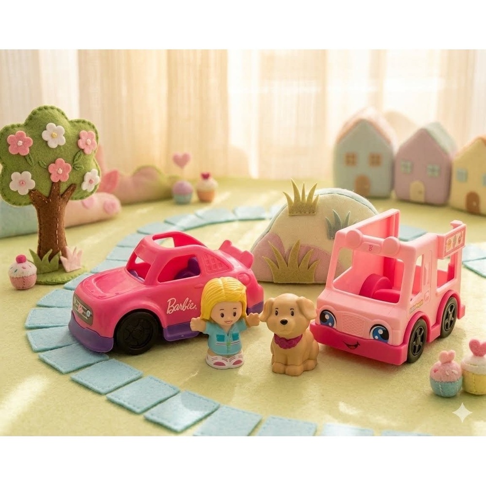 Fisher Price Little People Barbie Ice Cream Truck Race Car W/ 2 Figures Girl Pup